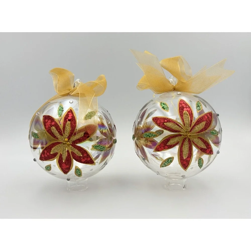 Dillards Trimmings Blown Glass Christmas Ornaments Set 2 Red Poinsettia Gold VTG